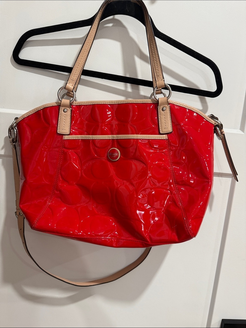 Coach Red Patent Leather Tote with Tan Trim